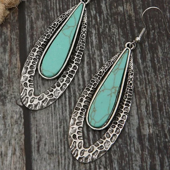 Sky Blue Bohemian Geometric Oval Earrings - Picture 4 of 5